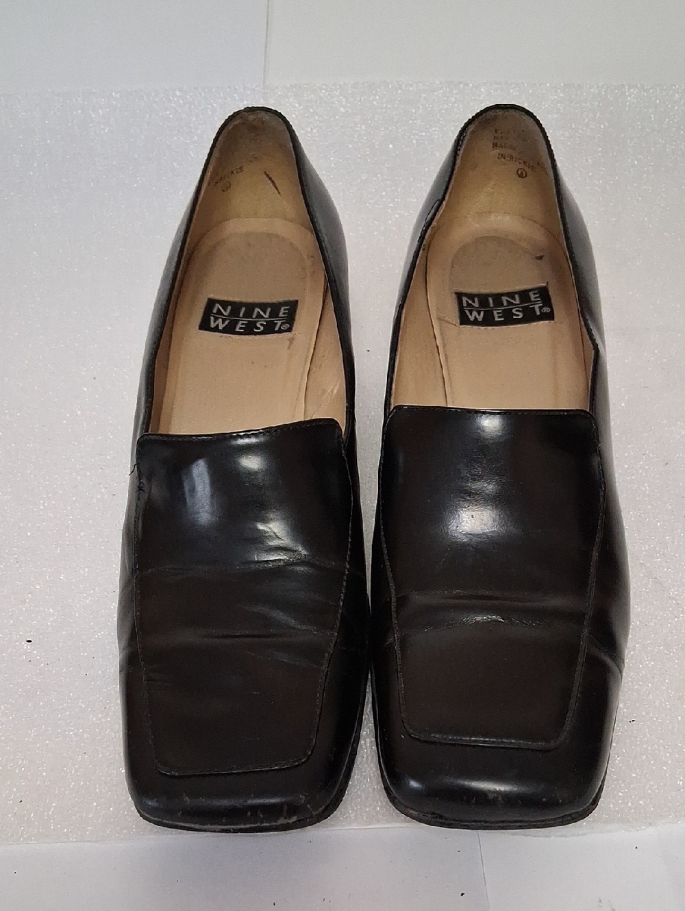Nine West Black Leather Square-Toe Slip-Ons